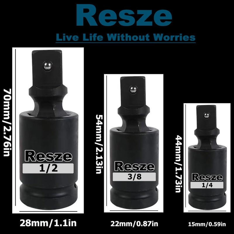 Resze 3 Pcs Universal Joint Swivel Socket Adapter Set,1/4",3/8"& 1/2"Drivers, Impact Universal Joint，U-Joint Drive Impact Grad Wobble Socket Wrench Set，Full Impact Grade - Image 4
